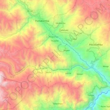 Mappa topografica Huayllán, altitudine, rilievo