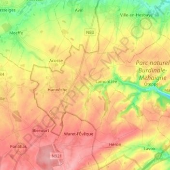 Mappa topografica Burdinne, altitudine, rilievo