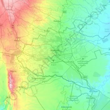 Mappa topografica Nairobi, altitudine, rilievo