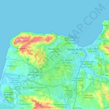 Mappa topografica Tangeri, altitudine, rilievo