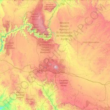 Mappa topografica Coconino County, altitudine, rilievo