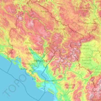 Mappa topografica Montenegro, altitudine, rilievo