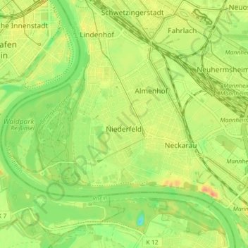 Mappa topografica Neckarau, altitudine, rilievo