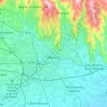 Mappa topografica Verona, altitudine, rilievo
