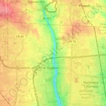 Mappa topografica Dublin, altitudine, rilievo