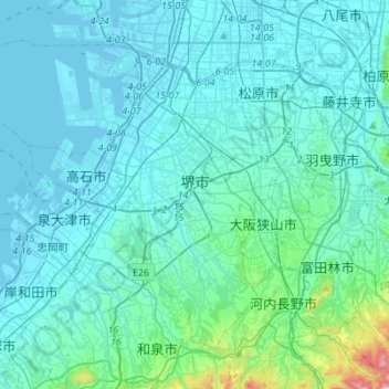 Mappa topografica 堺市, altitudine, rilievo