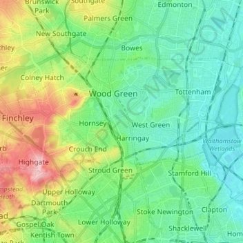 Mappa topografica London Borough of Haringey, altitudine, rilievo