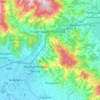 Mappa topografica Serravalle Pistoiese, altitudine, rilievo