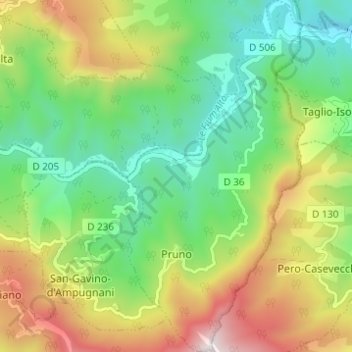 Mappa topografica Pruno, altitudine, rilievo