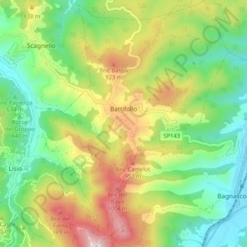 Mappa topografica Battifollo, altitudine, rilievo