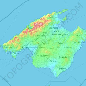 Mappa topografica Majorca, altitudine, rilievo