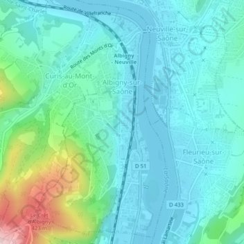 Mappa topografica Albigny-sur-Saône, altitudine, rilievo