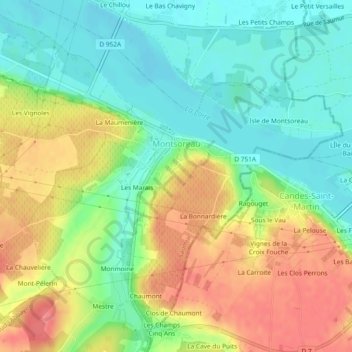 Mappa topografica Montsoreau, altitudine, rilievo