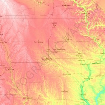 Mappa topografica Iowa, altitudine, rilievo