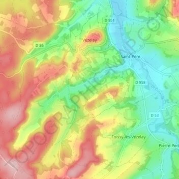 Mappa topografica Vézelay, altitudine, rilievo