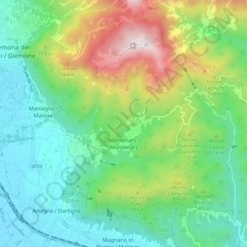 Mappa topografica Montenars, altitudine, rilievo