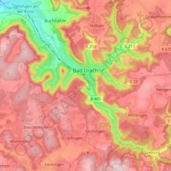 Mappa topografica Bad Urach, altitudine, rilievo