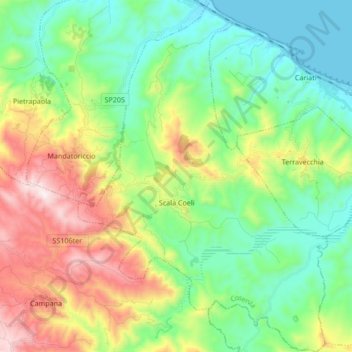 Mappa topografica Scala Coeli, altitudine, rilievo