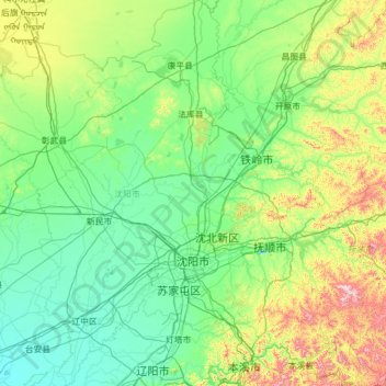 Mappa topografica Shenyang City, altitudine, rilievo