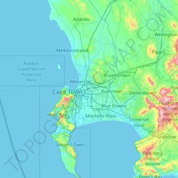 Mappa topografica City of Cape Town, altitudine, rilievo
