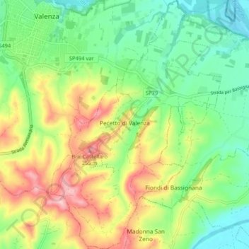 Mappa topografica Pecetto di Valenza, altitudine, rilievo