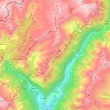 Mappa topografica Premia, altitudine, rilievo