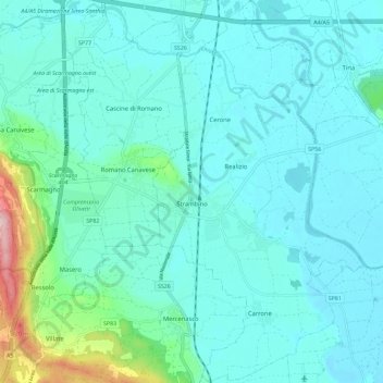 Mappa topografica Strambino, altitudine, rilievo