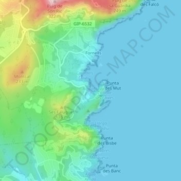 Mappa topografica Platja d'Aiguablava, altitudine, rilievo