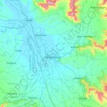 Mappa topografica Anantnag, altitudine, rilievo