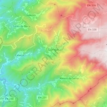 Mappa topografica Loriga, altitudine, rilievo