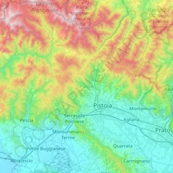 Mappa topografica Pistoia, altitudine, rilievo