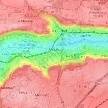 Mappa topografica Orsay, altitudine, rilievo