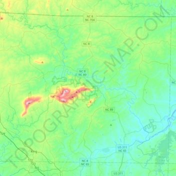Mappa topografica Stokes County, altitudine, rilievo