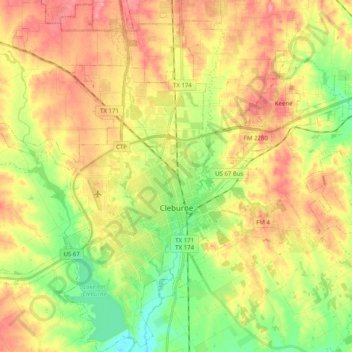 Mappa topografica Cleburne, altitudine, rilievo
