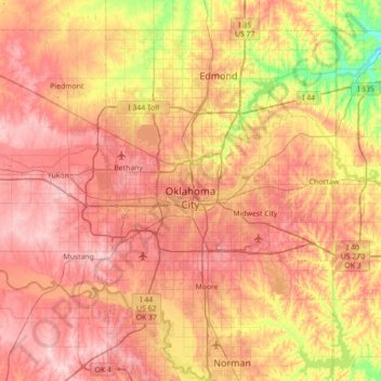 Mappa topografica Oklahoma City, altitudine, rilievo