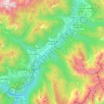 Mappa topografica Domegge di Cadore, altitudine, rilievo
