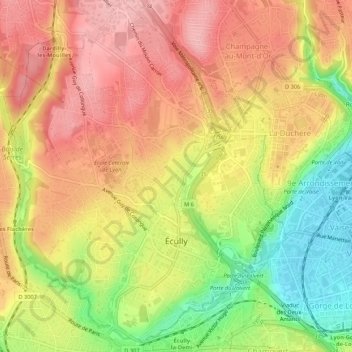 Mappa topografica Écully, altitudine, rilievo