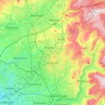 Mappa topografica Oldham, altitudine, rilievo