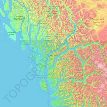 Mappa topografica Area A (Ocean Falls/Outer Coast), altitudine, rilievo