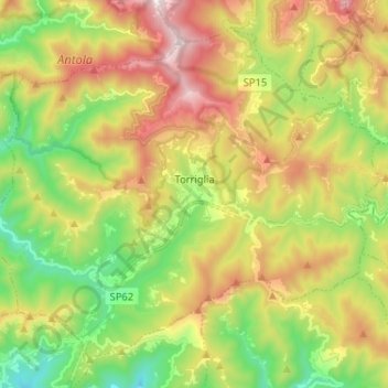 Mappa topografica Torriglia, altitudine, rilievo