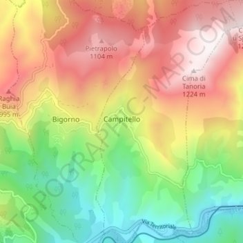 Mappa topografica Campitello, altitudine, rilievo