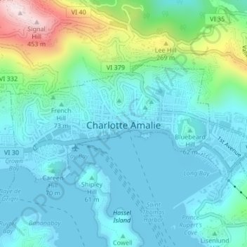 Mappa topografica Charlotte Amalie, altitudine, rilievo
