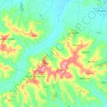 Mappa topografica Lu e Cuccaro Monferrato, altitudine, rilievo