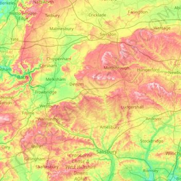 Mappa topografica Wiltshire, altitudine, rilievo