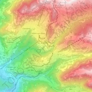 Mappa topografica Gryon, altitudine, rilievo