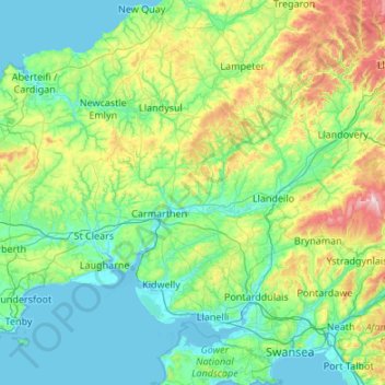 Mappa topografica Carmarthenshire, altitudine, rilievo