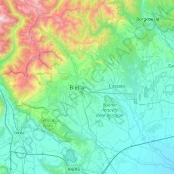 Mappa topografica Biella, altitudine, rilievo