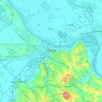 Mappa topografica Belgrado, altitudine, rilievo