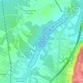 Mappa topografica Reserva Natural Local do Paul de Tornada, altitudine, rilievo