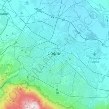 Mappa topografica Sofia, altitudine, rilievo